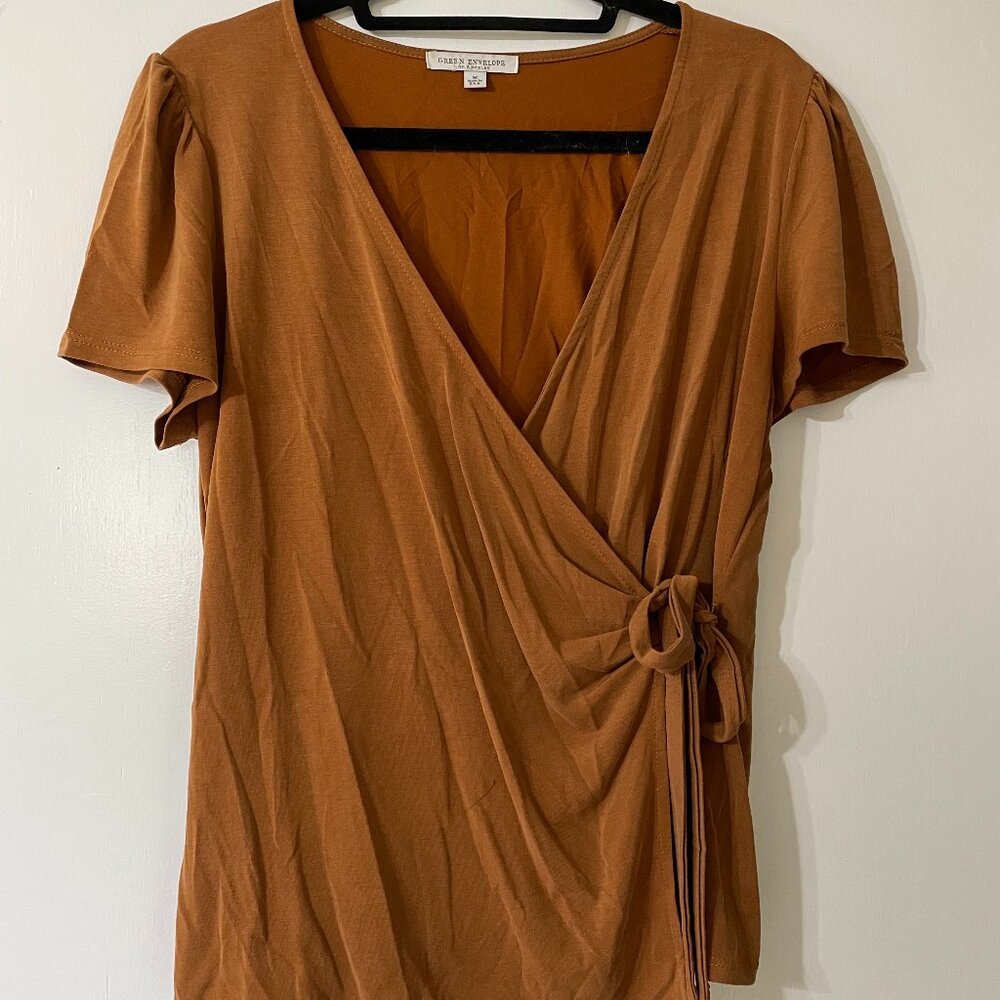 Green Envelope Brown Wrap Blouse – Size M